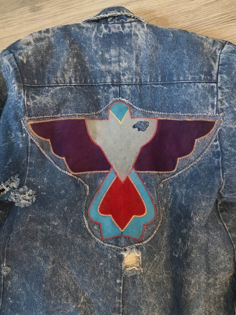 PIONEER WEAR Vintage Denim Trench Coat with Leather Thunderbird SZ 8 - Picture 4 of 8